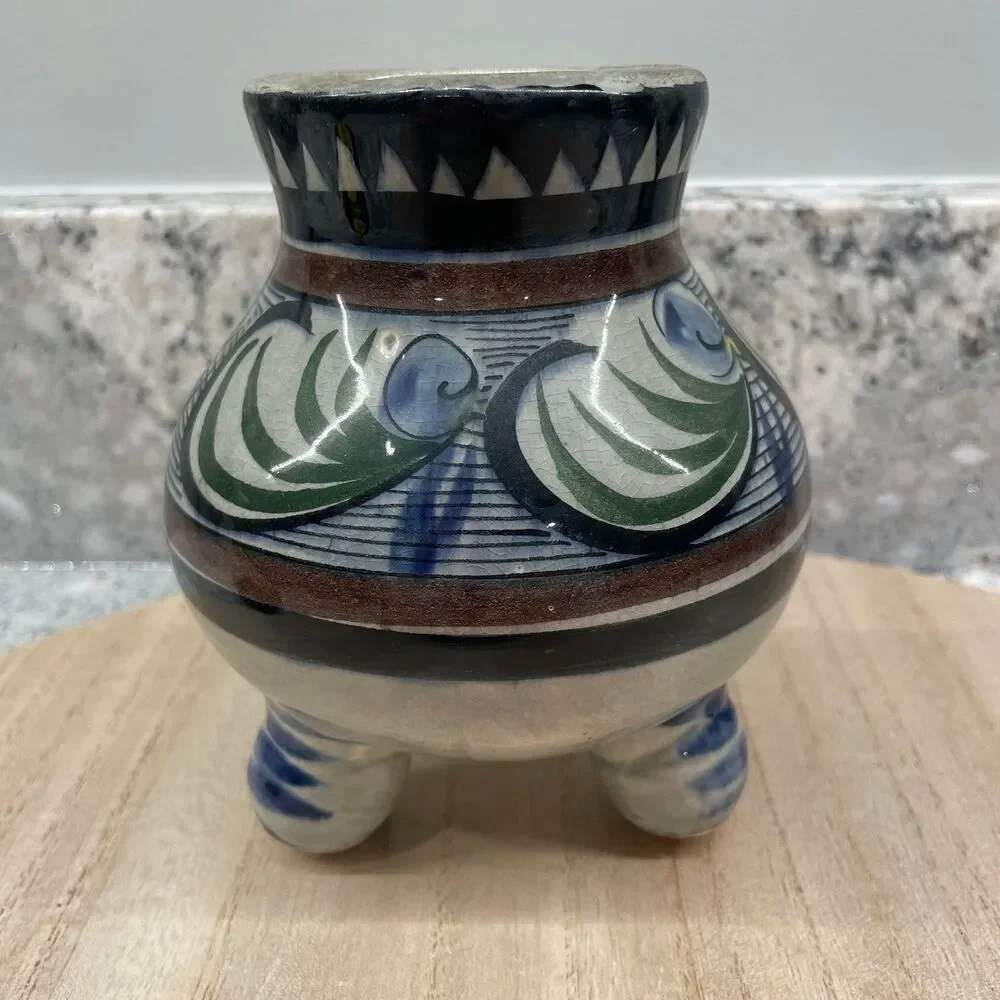 Signed Authentic Tonala Mexican Round Footed Bowl Pot Vase Hand Painted Pottery